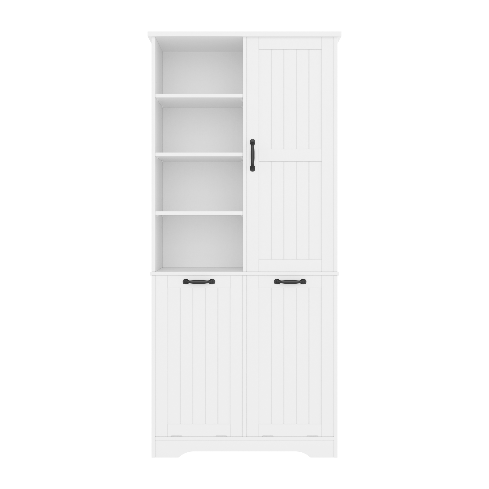 Weißer Badezimmerschrank mit 2 ausziehbaren Wäschekörben, offenen Ablagefächern, Türfächern und verstellbaren Einlegeböden, 78 x 35 x 172,7 cm