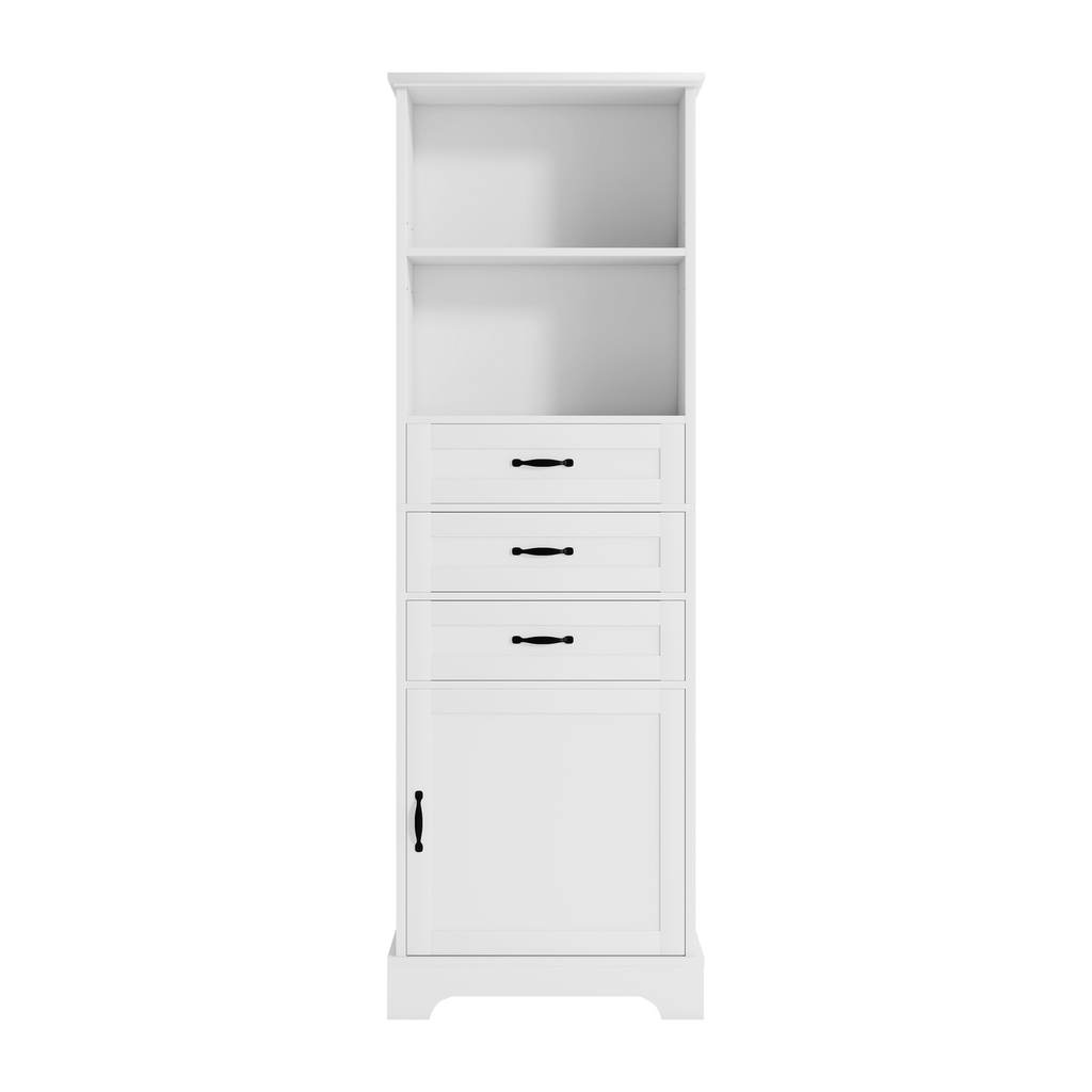 Schlanker weißer Badezimmerschrank mit 3 Schubladen, offenen Regalen, Unterschrank und verstellbaren Einlegeböden, 56 x 25,6 x 167 cm