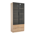 Brauner hoher Badezimmerschrank mit LED-Lichtleisten, Glastüren, 2 Schubladen und offenen Regalen, 75 x 34,5 x 170 cm