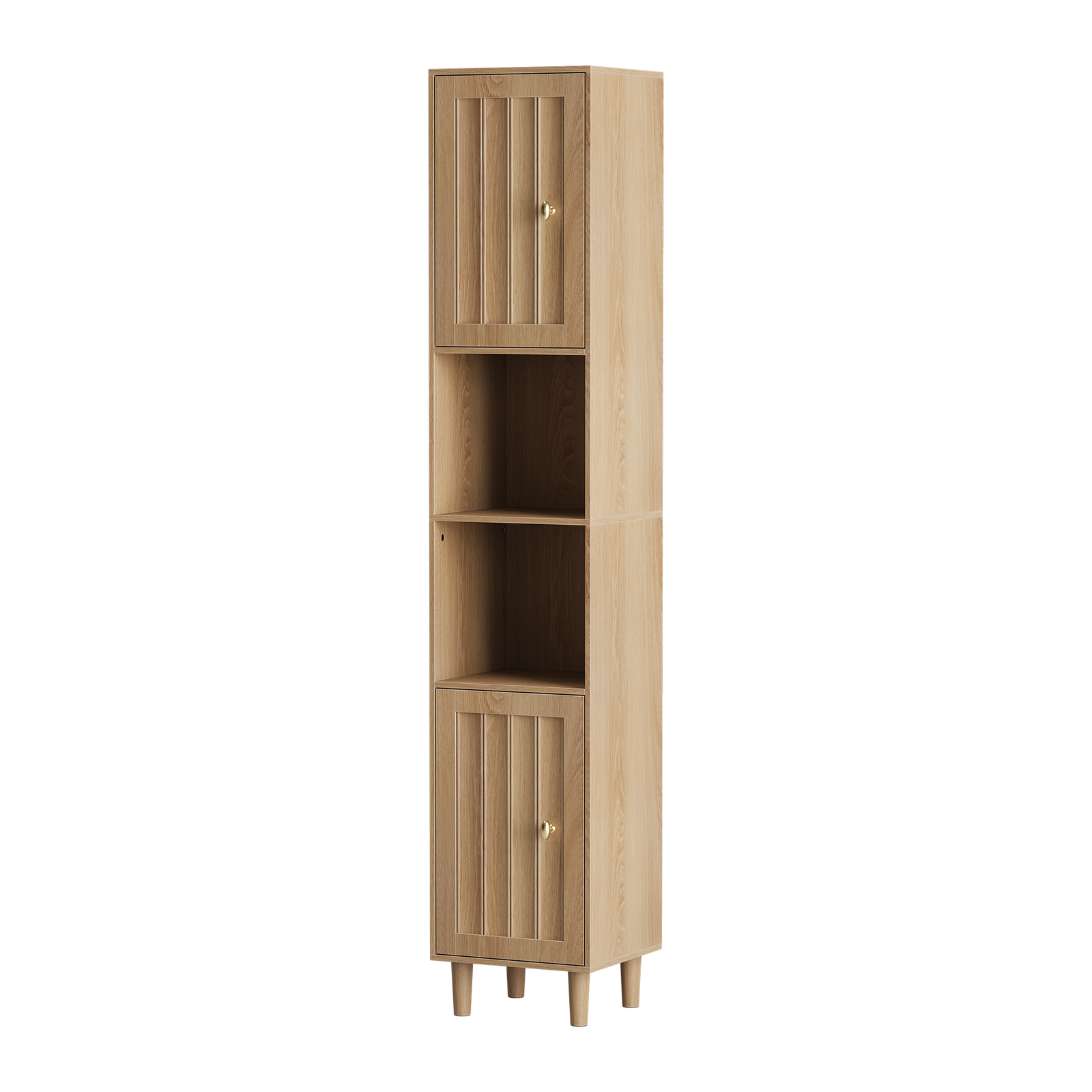 Schlanker Badschrank aus Eiche mit geriffelten Türen, offenen Fächern, verstellbaren Einlegeböden und goldfarbenen Griffen, 32 x 30 x 169 cm