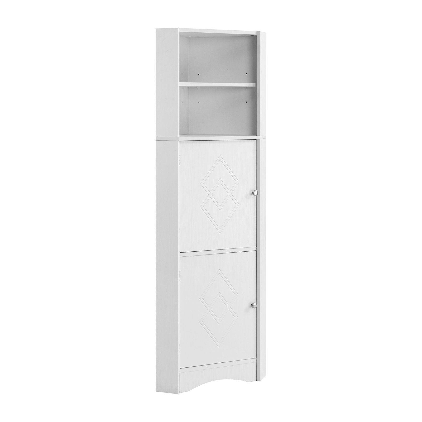 Weißer freistehender Eckschrank für das Badezimmer mit offenen Regalen, 2 Türen und verstellbarem Einlegeboden, 36,5 x 36,5 x 155 cm