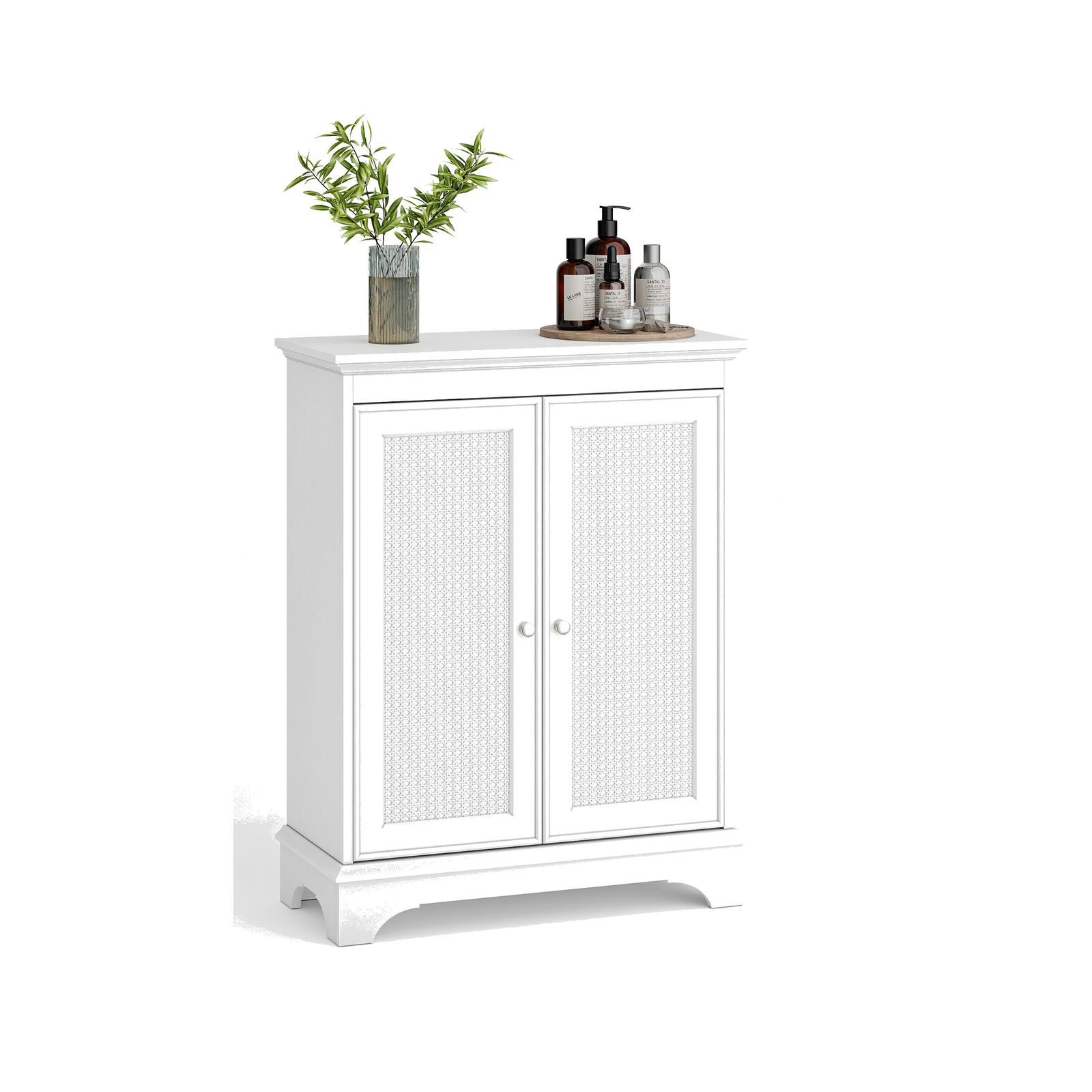 Weißer Boho-Badezimmerschrank mit Rattantüren und verstellbarem Einlegeboden