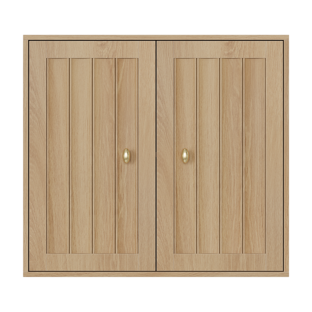Wandmontierter Badezimmerschrank aus Eiche mit 2 geriffelten Türen, verstellbarem Einlegeboden und goldfarbenen Knäufen, 61,5 x 20 x 56 cm