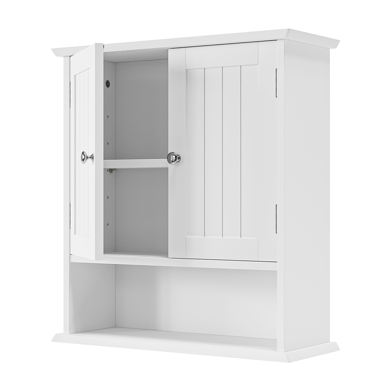 Weißer Wand-Badezimmerschrank mit Doppeltüren, offenem Regal und 5-fach verstellbarem Einlegeboden, 54,6 x 19,8 x 59,9 cm