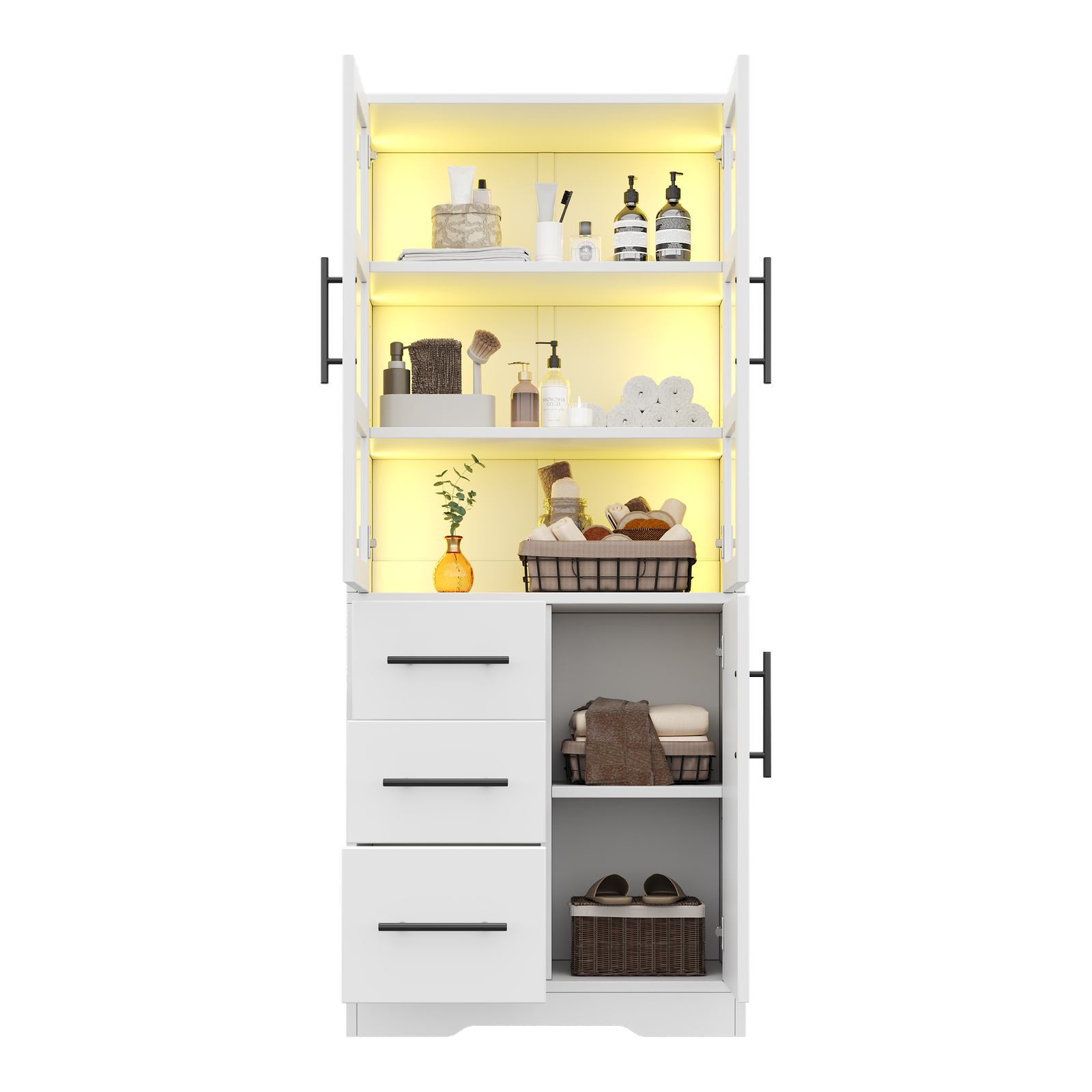 72 cm Weißer LED Badezimmerschrank mit gehärteten Glastüren, 3 Schubladen und verstellbaren Einlegeböden