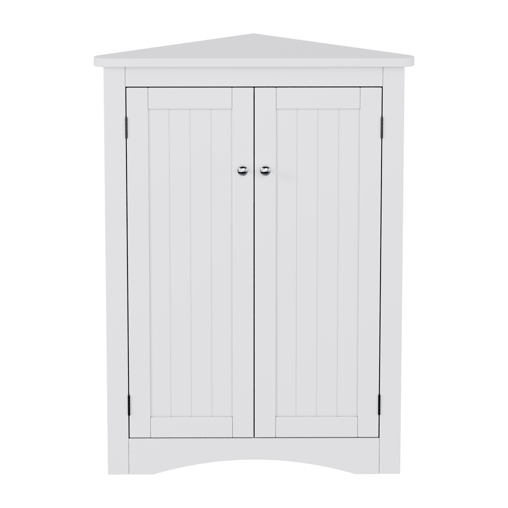 Weißer freistehender Eck-Badschrank mit Doppeltüren und 3-stufiger Innenausstattung, 61,5 x 34,5 x 80 cm