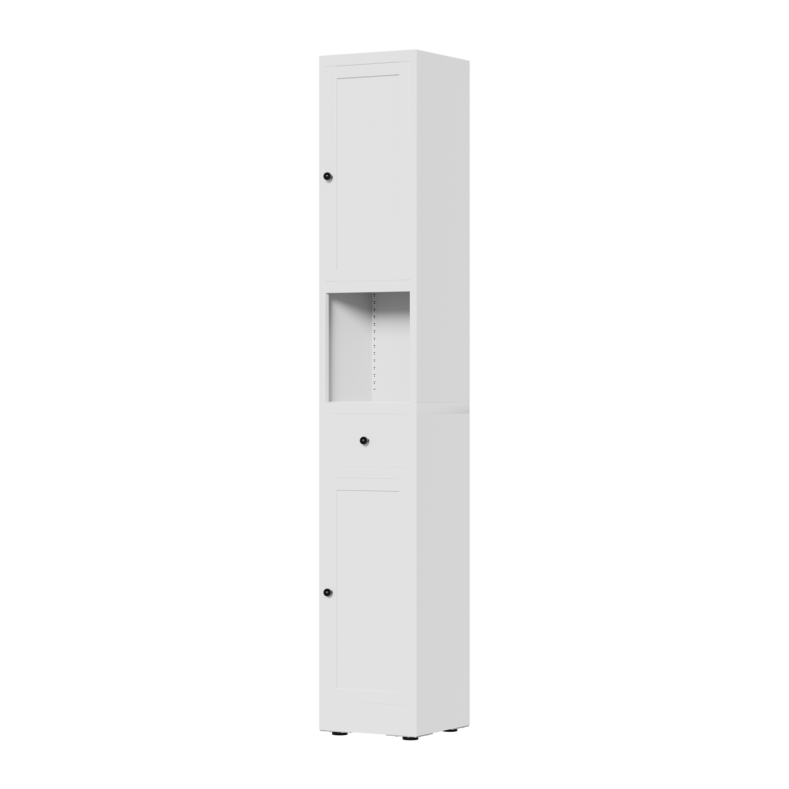 Schlanker weißer Metall-Badezimmerschrank mit 5 Ebenen, 2 Türen und verstellbaren Einlegeböden, 30 x 30 x 180 cm