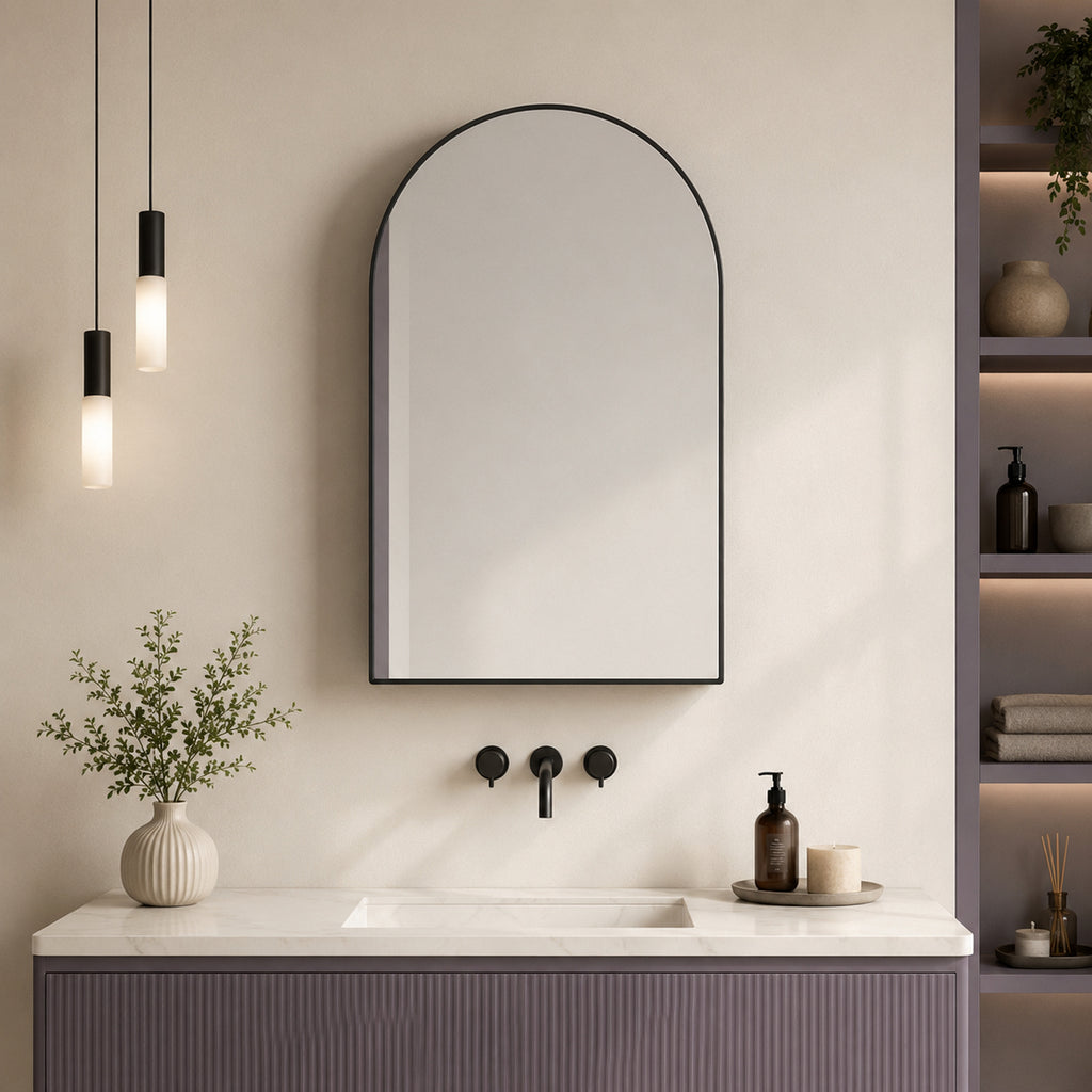 91x61x12 cm Black Arched Bathroom Mirror Medicine Cabinet, Recessed or Wall-Mounted, Metal Framed Bathroom Storage with Adjustable Shelves
