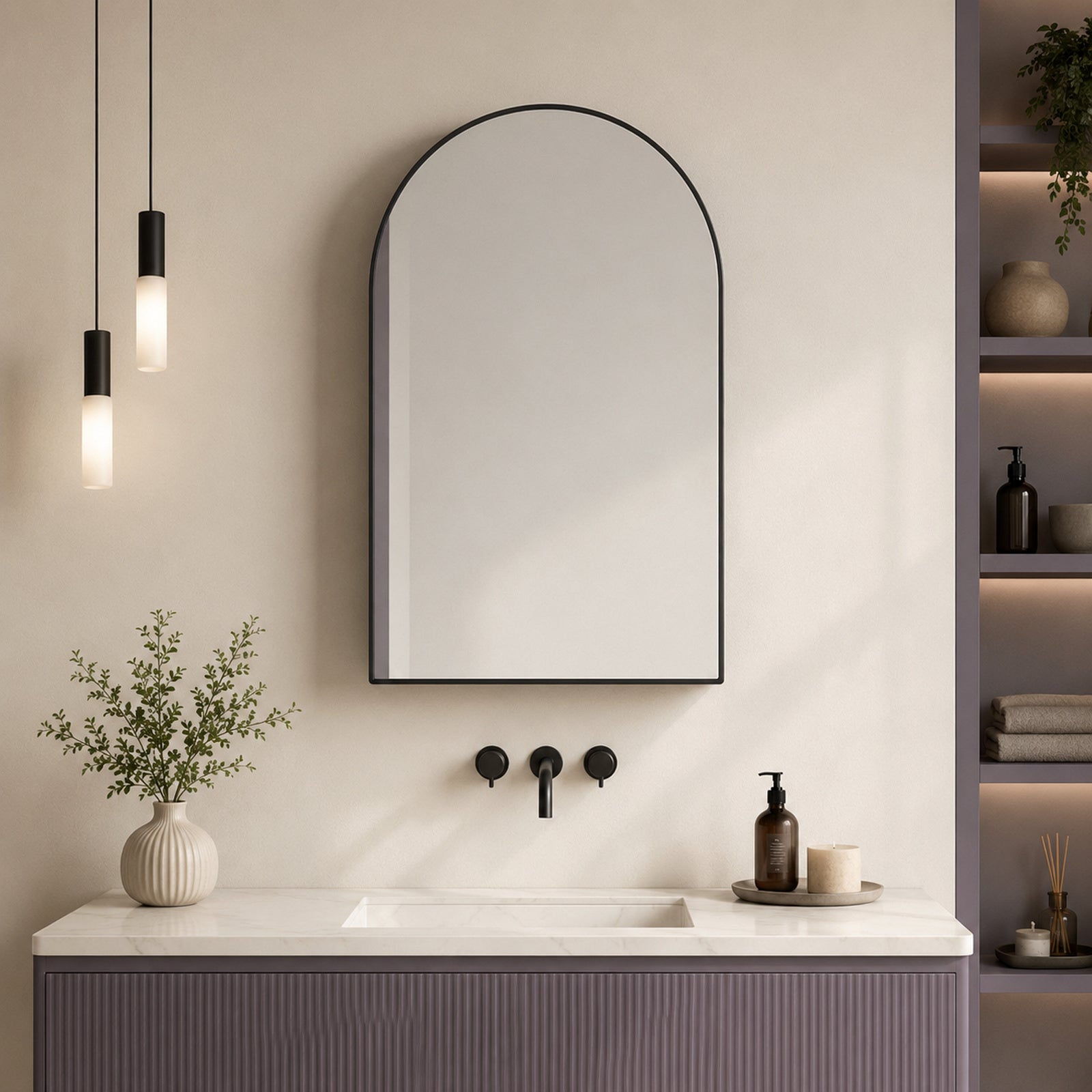 91x61x12 cm Black Arched Bathroom Mirror Medicine Cabinet, Recessed or Wall-Mounted, Metal Framed Bathroom Storage with Adjustable Shelves