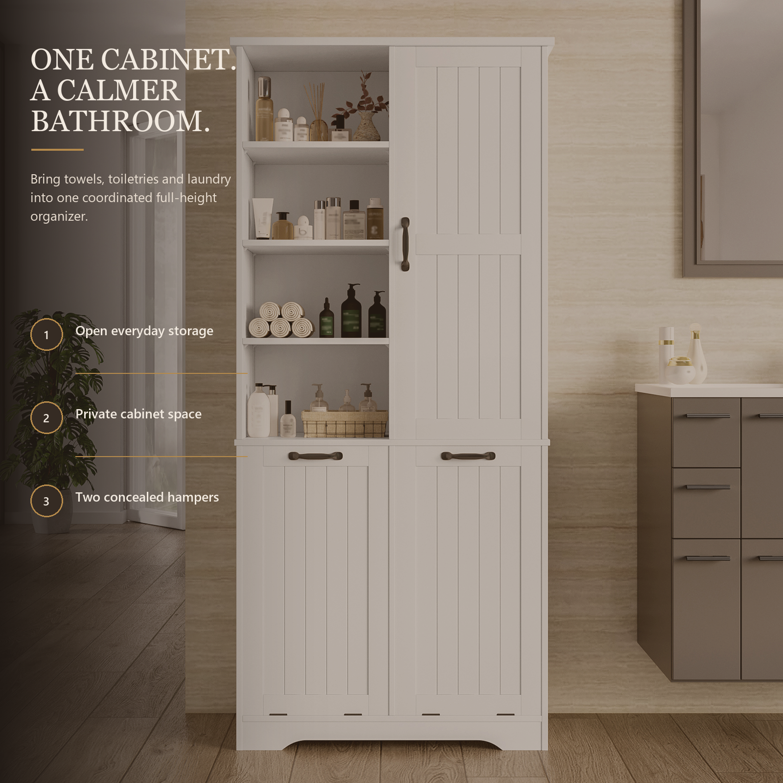 Weißer Badezimmerschrank mit 2 ausziehbaren Wäschekörben, offenen Ablagefächern, Türfächern und verstellbaren Einlegeböden, 78 x 35 x 172,7 cm