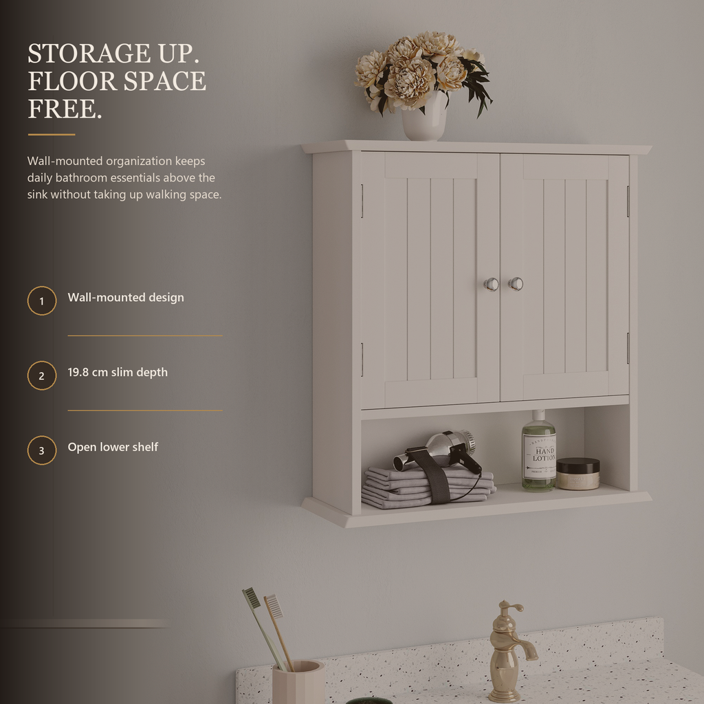 Weißer Wand-Badezimmerschrank mit Doppeltüren, offenem Regal und 5-fach verstellbarem Einlegeboden, 54,6 x 19,8 x 59,9 cm