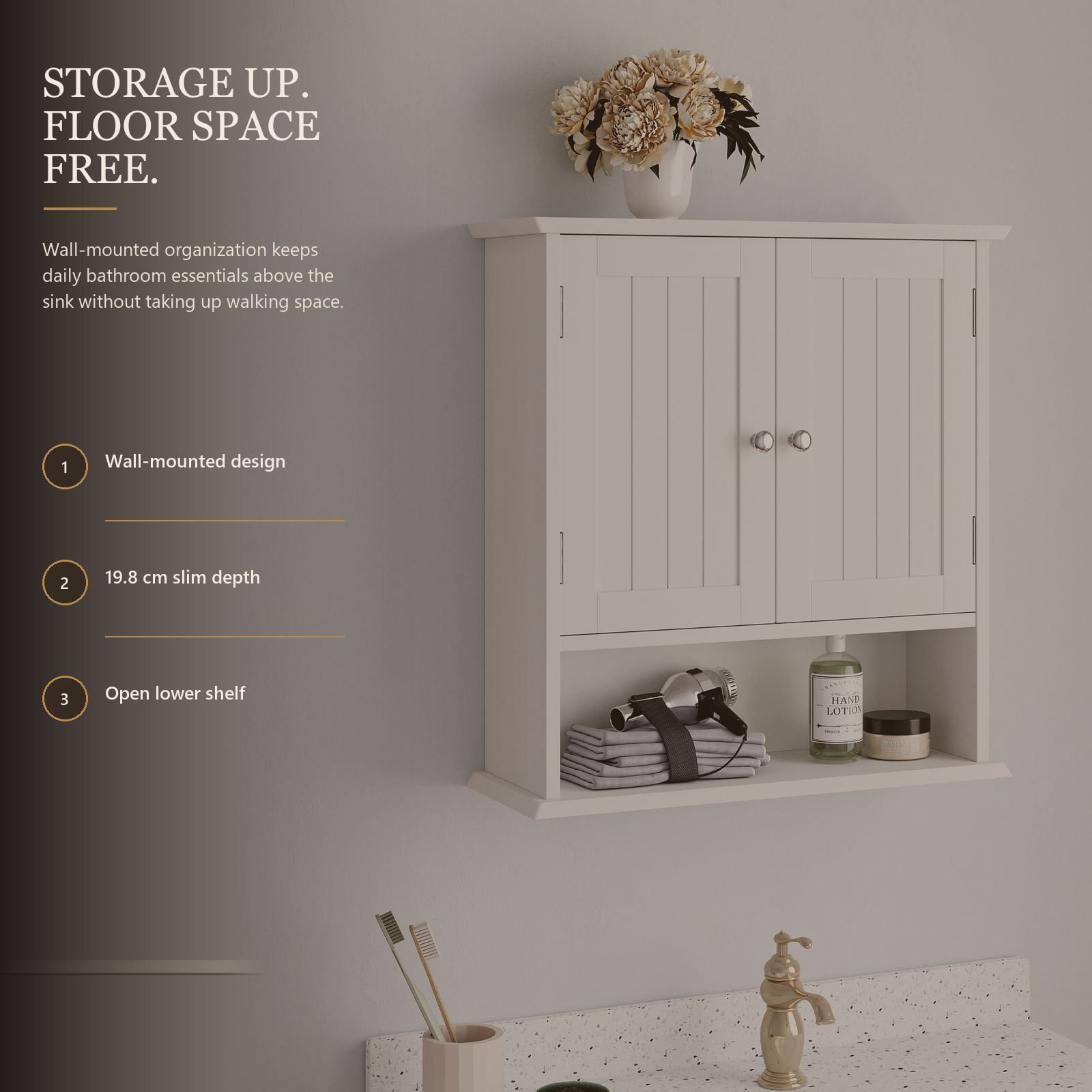 Weißer Wand-Badezimmerschrank mit Doppeltüren, offenem Regal und 5-fach verstellbarem Einlegeboden, 54,6 x 19,8 x 59,9 cm
