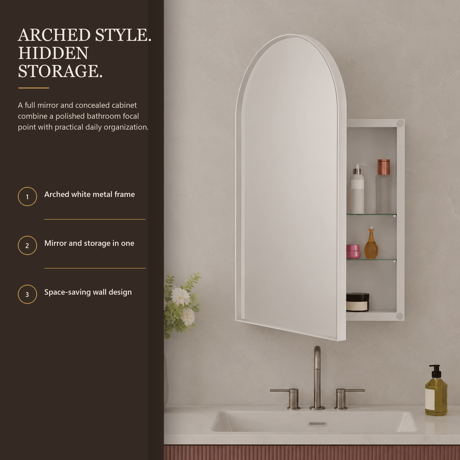 91x61x12 cm White Arched Bathroom Mirror Medicine Cabinet, Recessed or Wall-Mounted, Metal Framed Bathroom Storage with Adjustable Shelves
