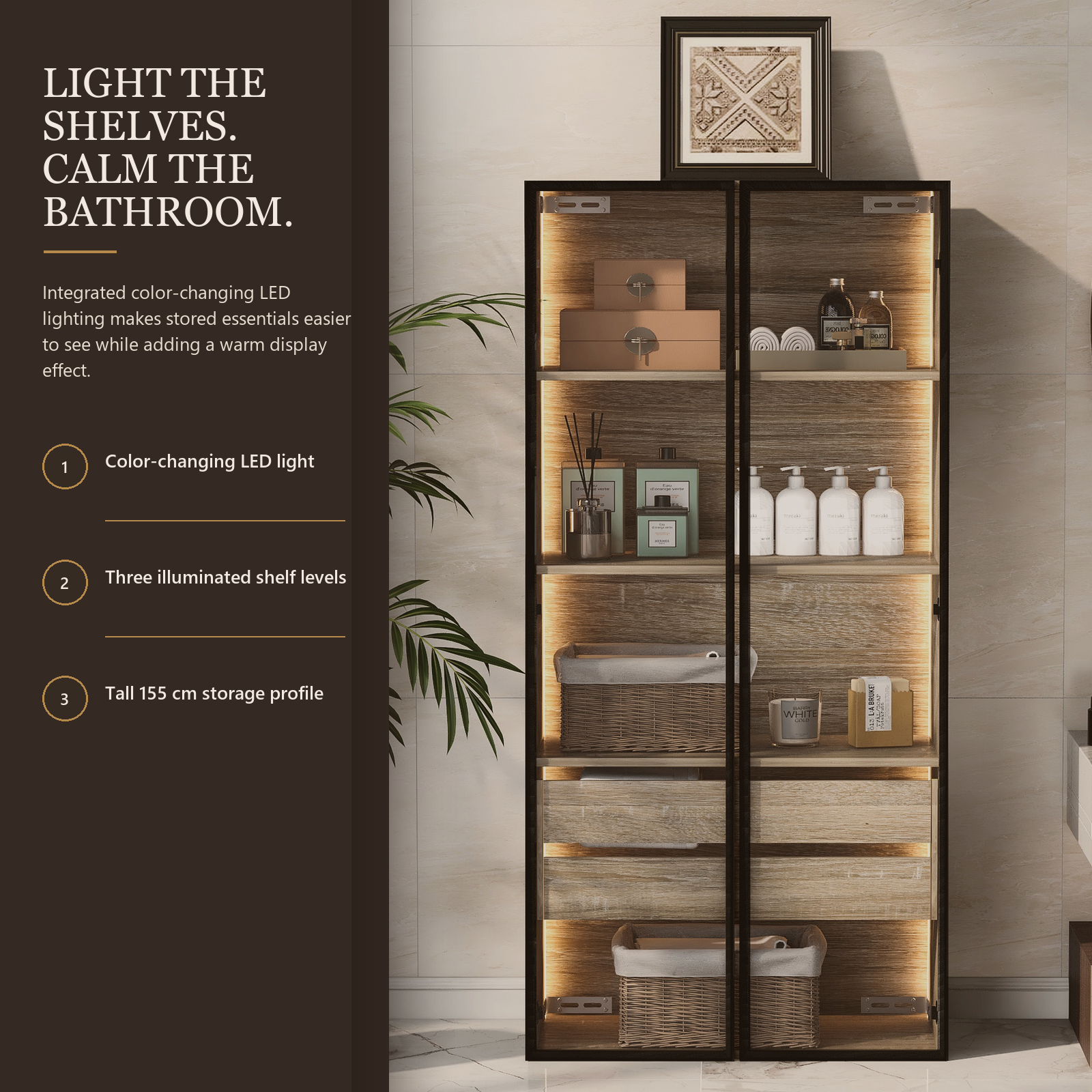 Badezimmerschrank aus Naturholz mit farbwechselnder LED-Beleuchtung, Milchglastüren, 2 Schubladen und Einlegeböden, 74 x 36 x 155 cm