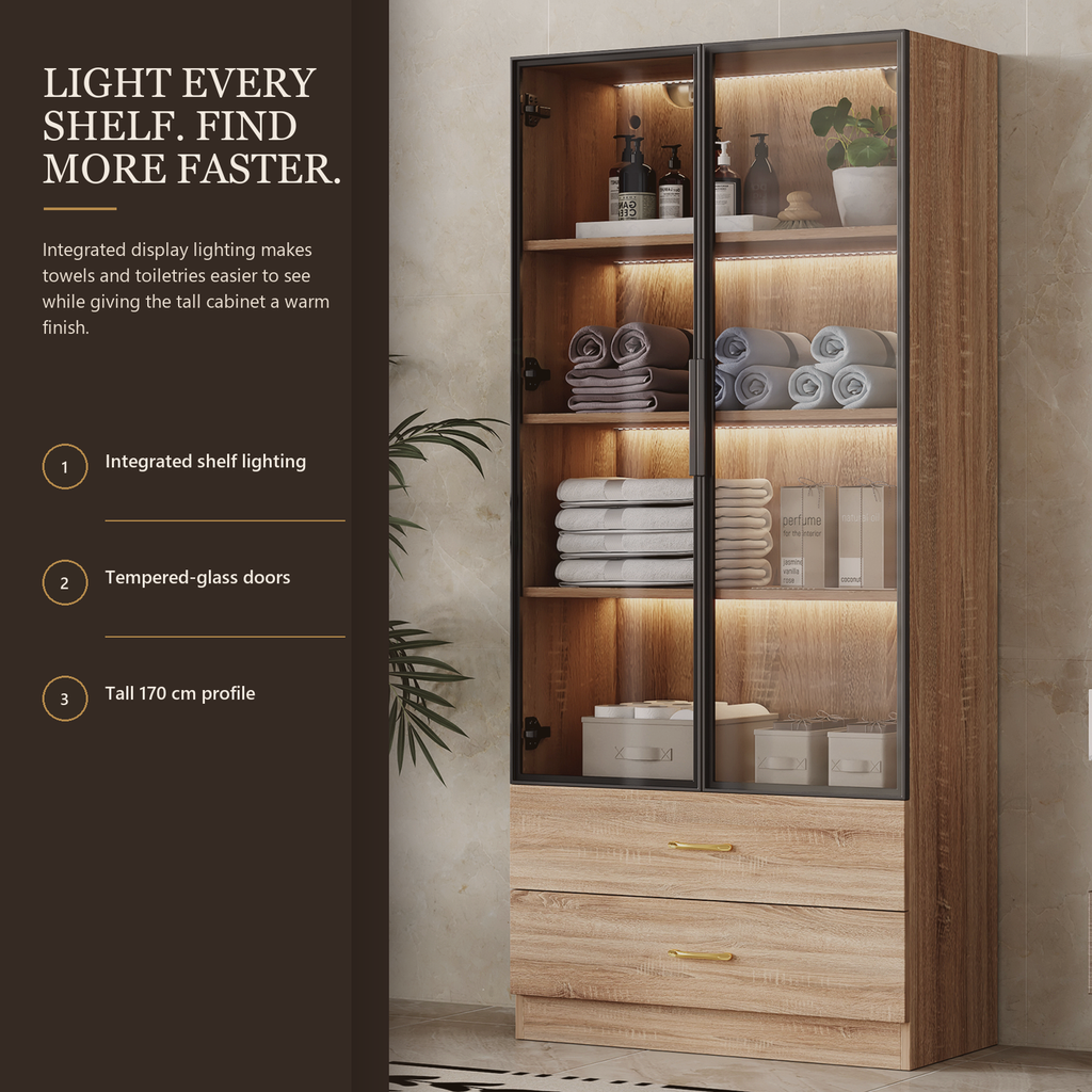 Brauner hoher Badezimmerschrank mit LED-Lichtleisten, Glastüren, 2 Schubladen und offenen Regalen, 75 x 34,5 x 170 cm