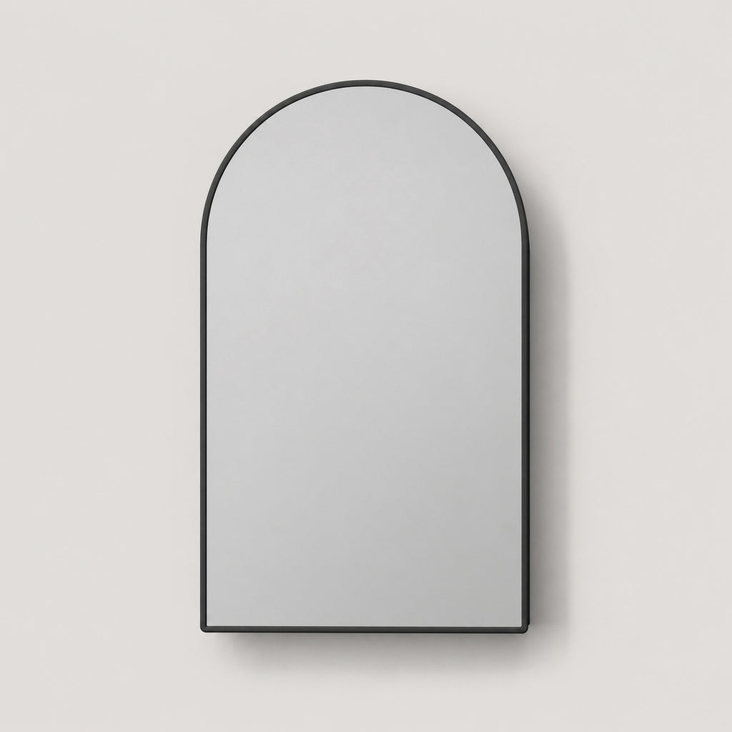 91x61x12 cm Black Arched Bathroom Mirror Medicine Cabinet, Recessed or Wall-Mounted, Metal Framed Bathroom Storage with Adjustable Shelves