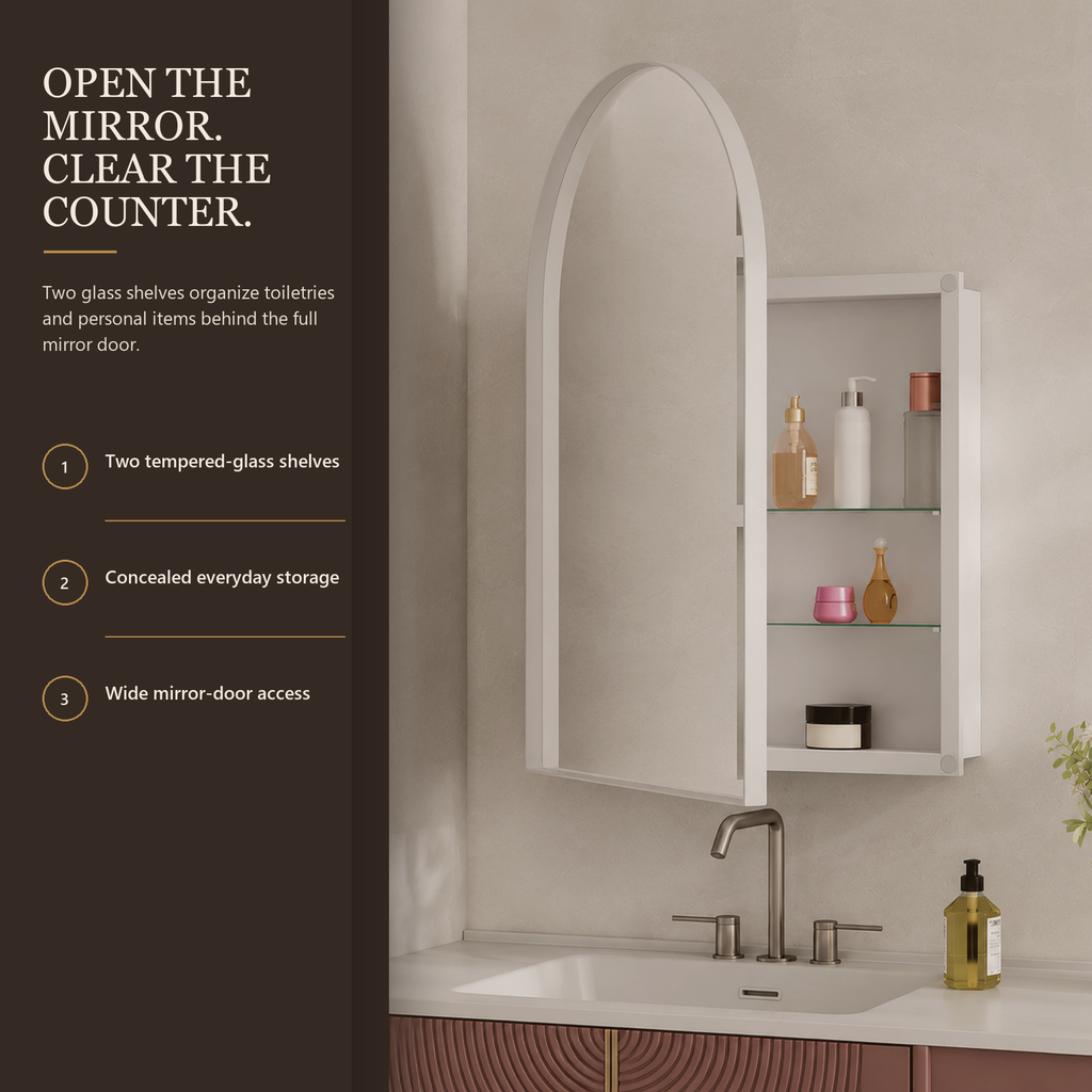 91x61x12 cm White Arched Bathroom Mirror Medicine Cabinet, Recessed or Wall-Mounted, Metal Framed Bathroom Storage with Adjustable Shelves