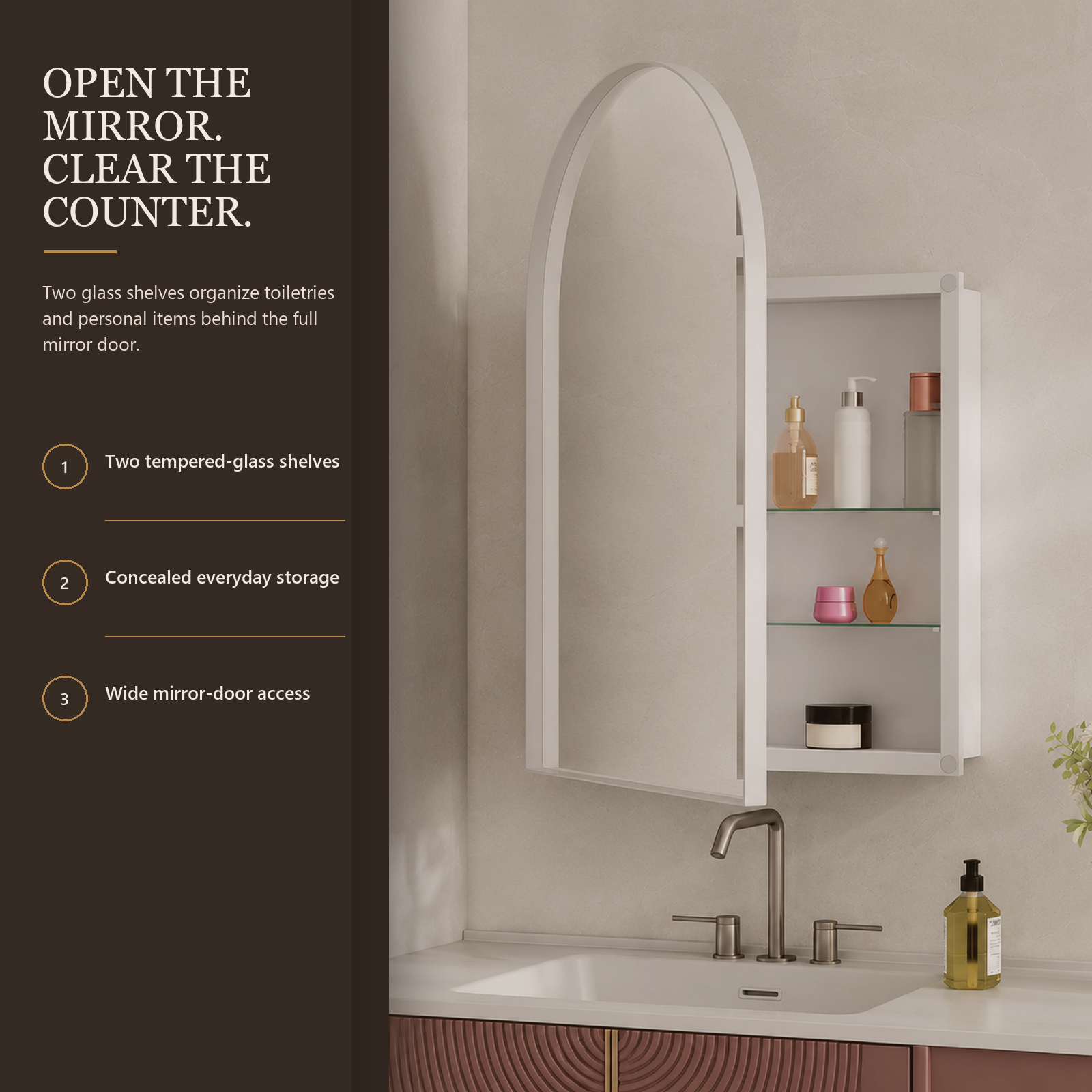91x61x12 cm White Arched Bathroom Mirror Medicine Cabinet, Recessed or Wall-Mounted, Metal Framed Bathroom Storage with Adjustable Shelves