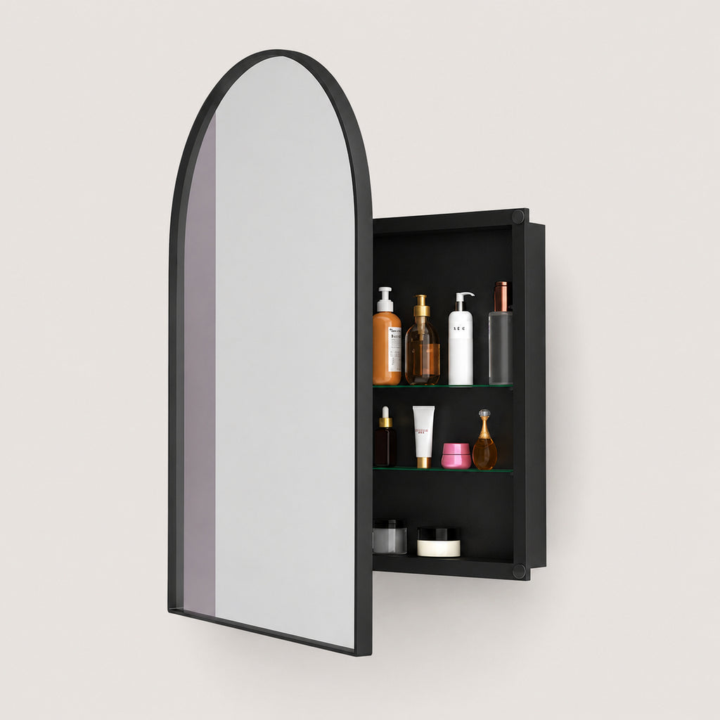 91x61x12 cm Black Arched Bathroom Mirror Medicine Cabinet, Recessed or Wall-Mounted, Metal Framed Bathroom Storage with Adjustable Shelves