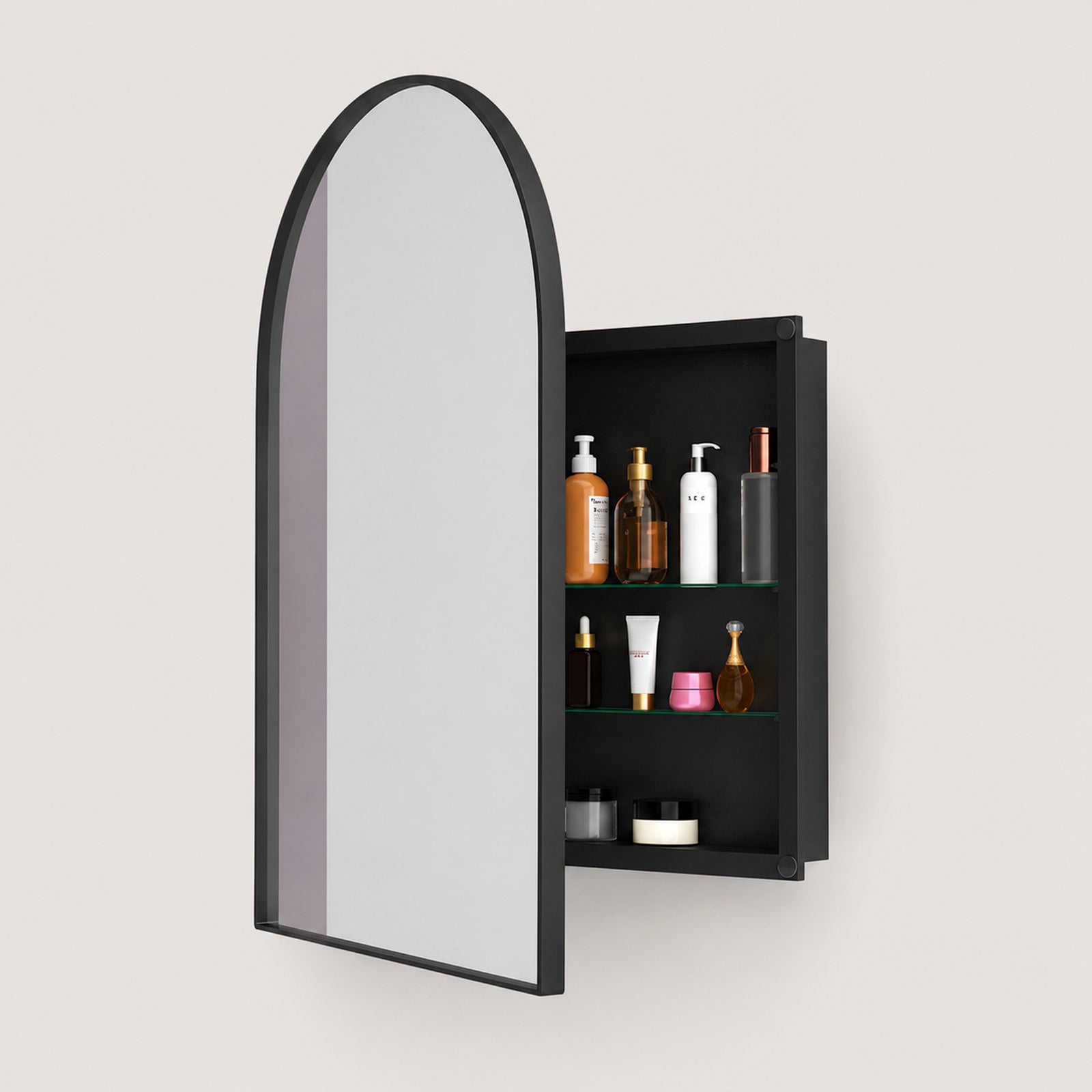 91x61x12 cm Black Arched Bathroom Mirror Medicine Cabinet, Recessed or Wall-Mounted, Metal Framed Bathroom Storage with Adjustable Shelves