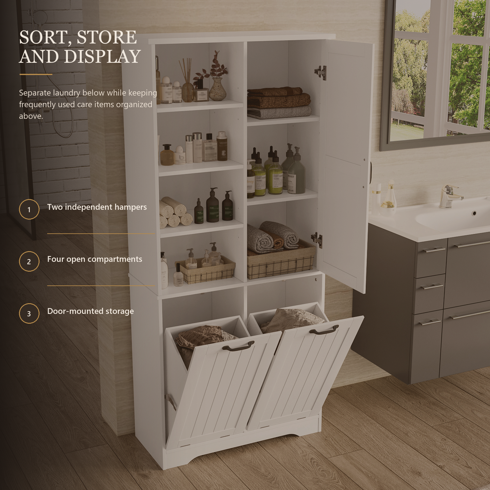 Weißer Badezimmerschrank mit 2 ausziehbaren Wäschekörben, offenen Ablagefächern, Türfächern und verstellbaren Einlegeböden, 78 x 35 x 172,7 cm