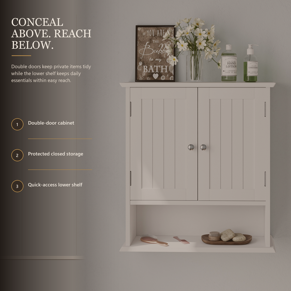 Weißer Wand-Badezimmerschrank mit Doppeltüren, offenem Regal und 5-fach verstellbarem Einlegeboden, 54,6 x 19,8 x 59,9 cm