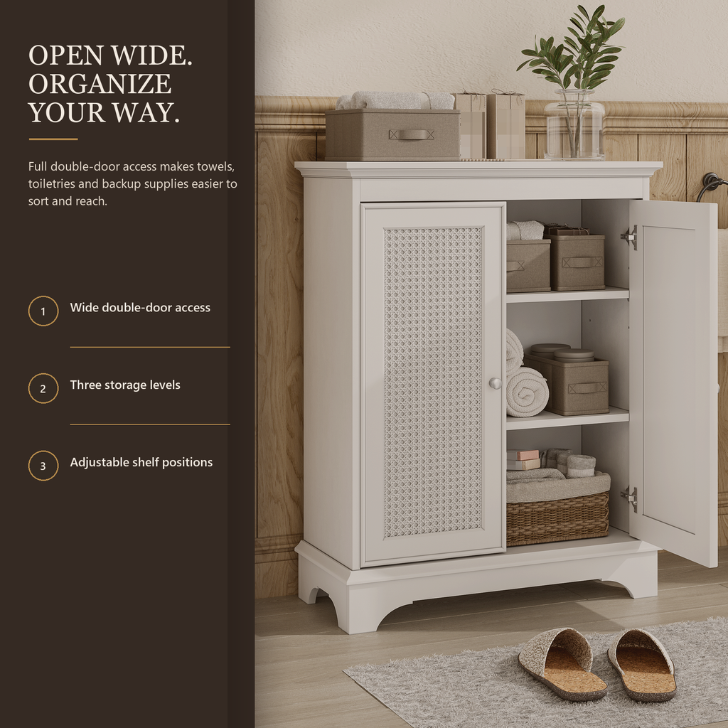 Weißer Boho-Badezimmerschrank mit Rattantüren und verstellbarem Einlegeboden