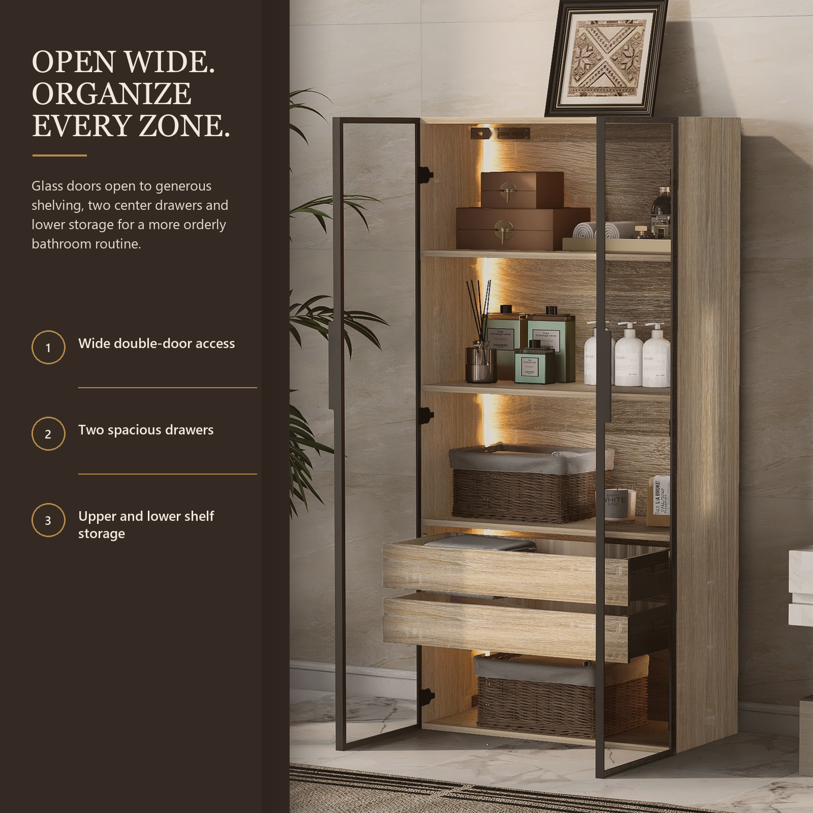 Badezimmerschrank aus Naturholz mit farbwechselnder LED-Beleuchtung, Milchglastüren, 2 Schubladen und Einlegeböden, 74 x 36 x 155 cm