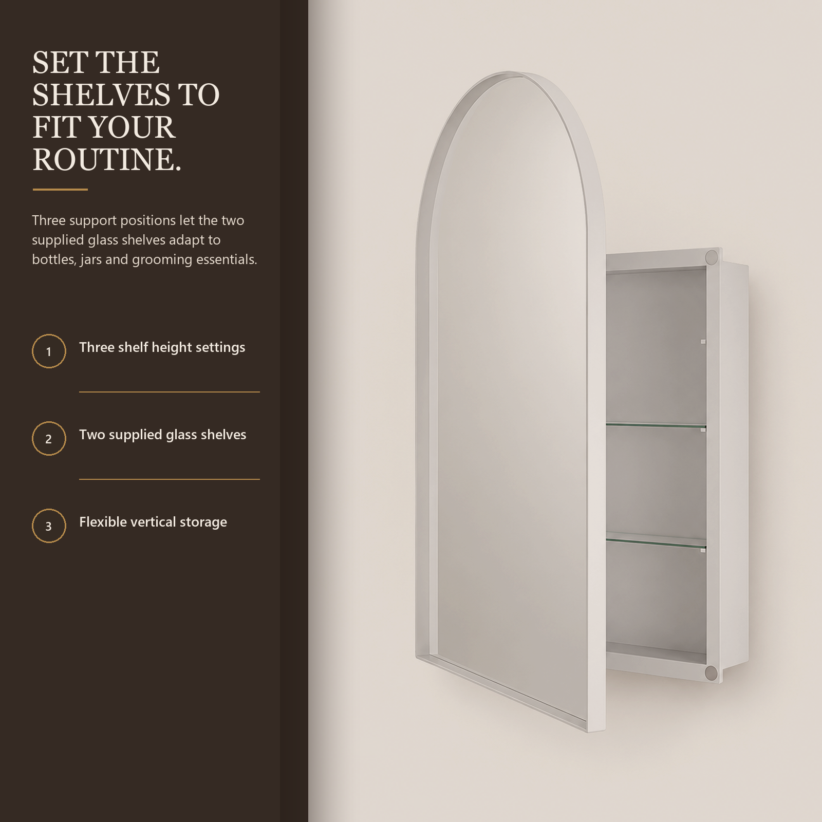 91x61x12 cm White Arched Bathroom Mirror Medicine Cabinet, Recessed or Wall-Mounted, Metal Framed Bathroom Storage with Adjustable Shelves