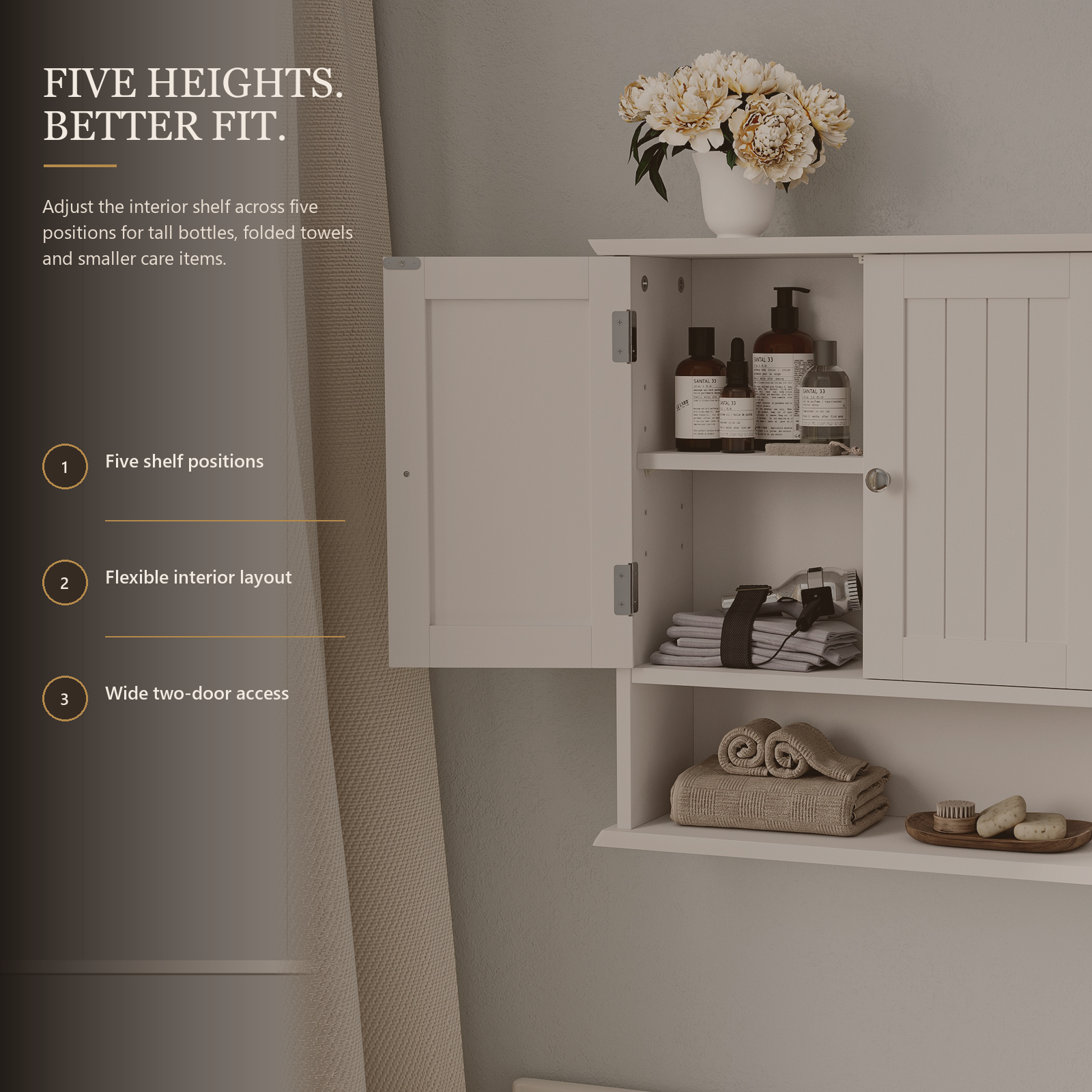Weißer Wand-Badezimmerschrank mit Doppeltüren, offenem Regal und 5-fach verstellbarem Einlegeboden, 54,6 x 19,8 x 59,9 cm