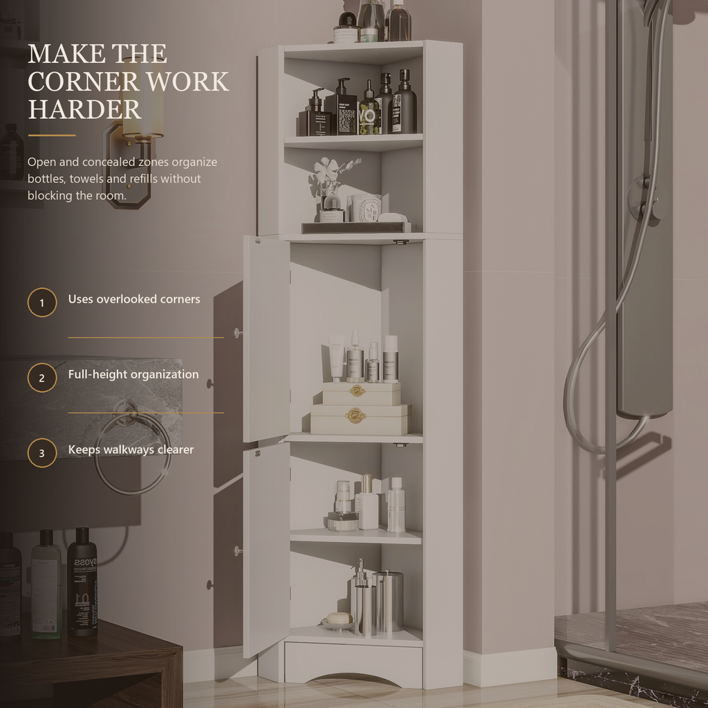 Weißer freistehender Eckschrank für das Badezimmer mit offenen Regalen, 2 Türen und verstellbarem Einlegeboden, 36,5 x 36,5 x 155 cm