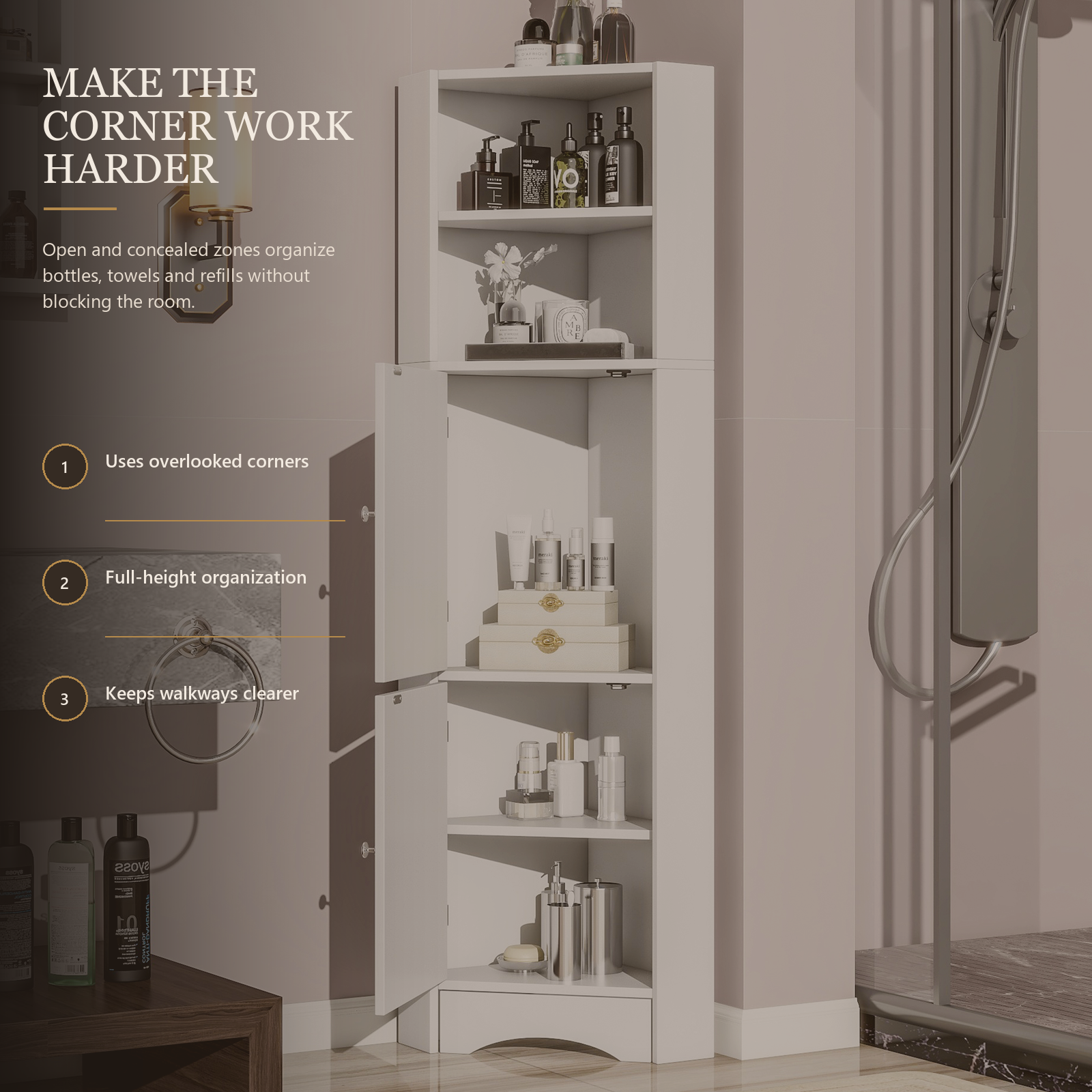 Weißer freistehender Eckschrank für das Badezimmer mit offenen Regalen, 2 Türen und verstellbarem Einlegeboden, 36,5 x 36,5 x 155 cm