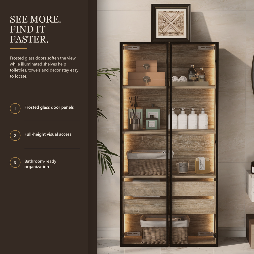 Natural Wood Display Bathroom Storage Cabinet with Color-Changing LED Lights, Frosted Glass Doors, 2 Drawers and Shelves, 74 x 36 x 155 cm
