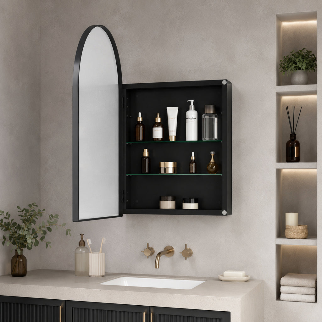 91x61x12 cm Black Arched Bathroom Mirror Medicine Cabinet, Recessed or Wall-Mounted, Metal Framed Bathroom Storage with Adjustable Shelves