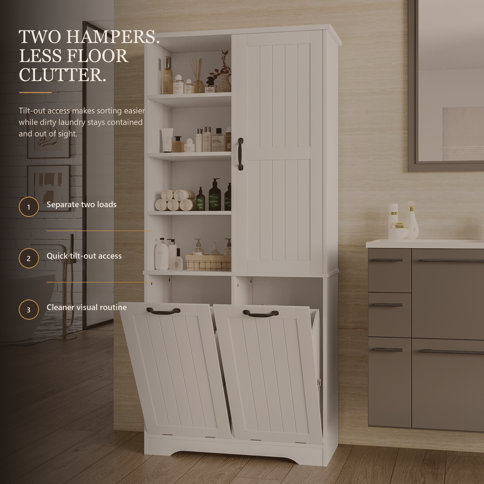 Weißer Badezimmerschrank mit 2 ausziehbaren Wäschekörben, offenen Ablagefächern, Türfächern und verstellbaren Einlegeböden, 78 x 35 x 172,7 cm