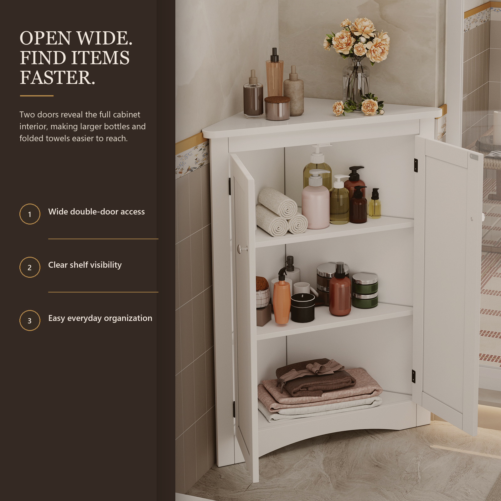 Weißer freistehender Eck-Badschrank mit Doppeltüren und 3-stufiger Innenausstattung, 61,5 x 34,5 x 80 cm