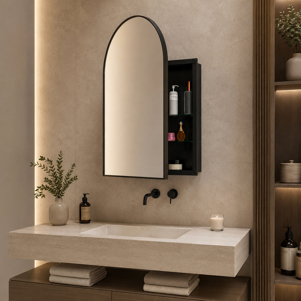 91x61x12 cm Black Arched Bathroom Mirror Medicine Cabinet, Recessed or Wall-Mounted, Metal Framed Bathroom Storage with Adjustable Shelves