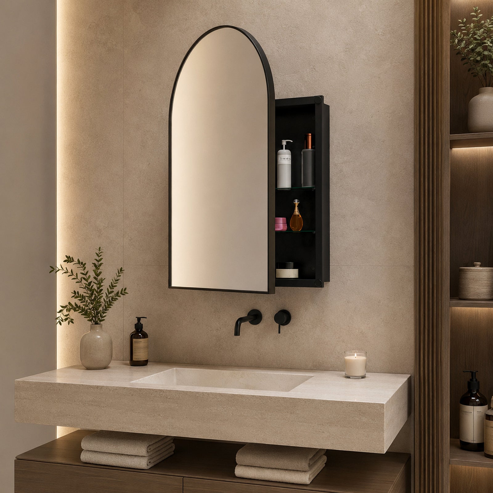 91x61x12 cm Black Arched Bathroom Mirror Medicine Cabinet, Recessed or Wall-Mounted, Metal Framed Bathroom Storage with Adjustable Shelves