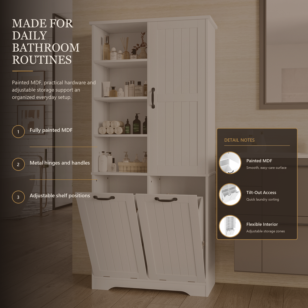 Weißer Badezimmerschrank mit 2 ausziehbaren Wäschekörben, offenen Ablagefächern, Türfächern und verstellbaren Einlegeböden, 78 x 35 x 172,7 cm