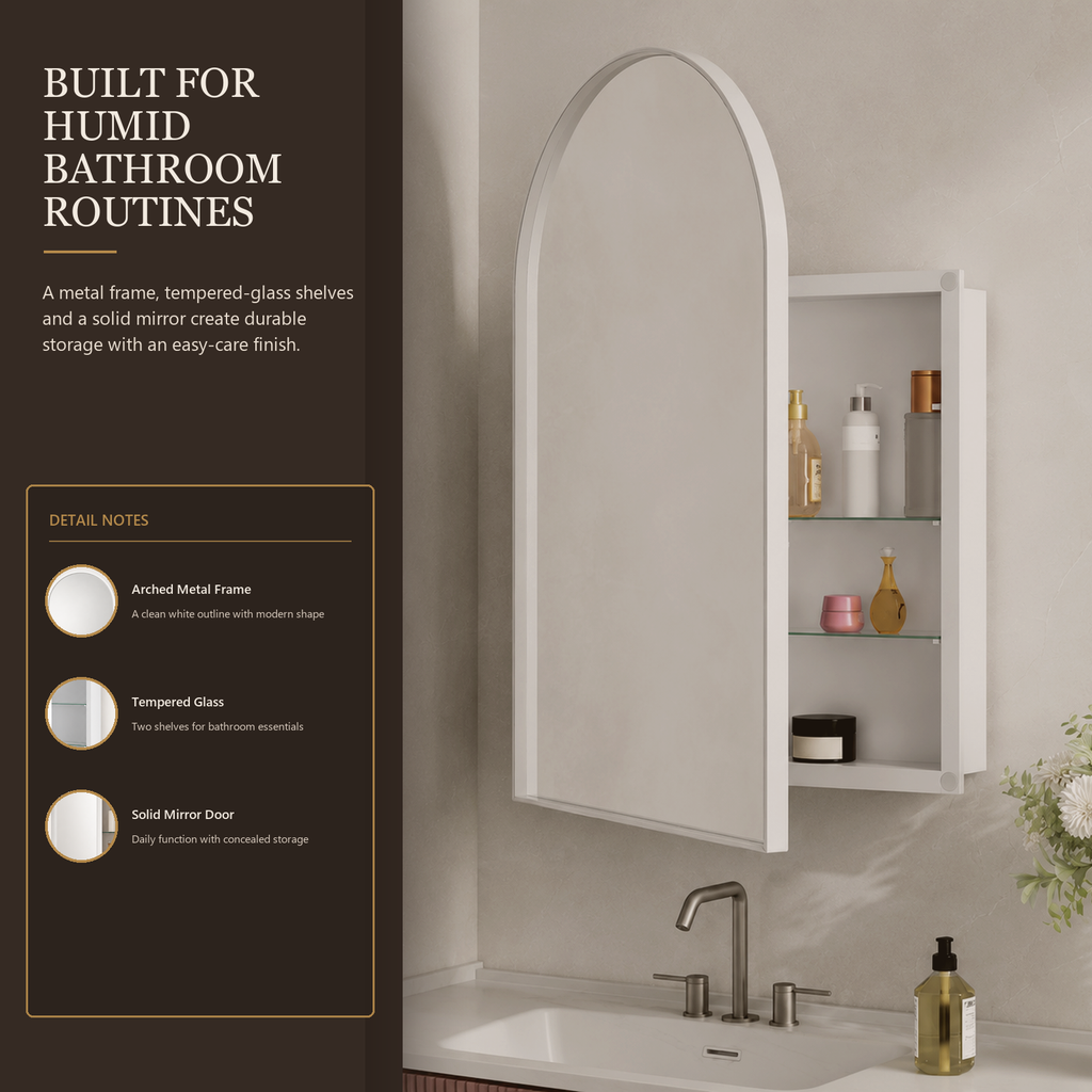 91x61x12 cm White Arched Bathroom Mirror Medicine Cabinet, Recessed or Wall-Mounted, Metal Framed Bathroom Storage with Adjustable Shelves