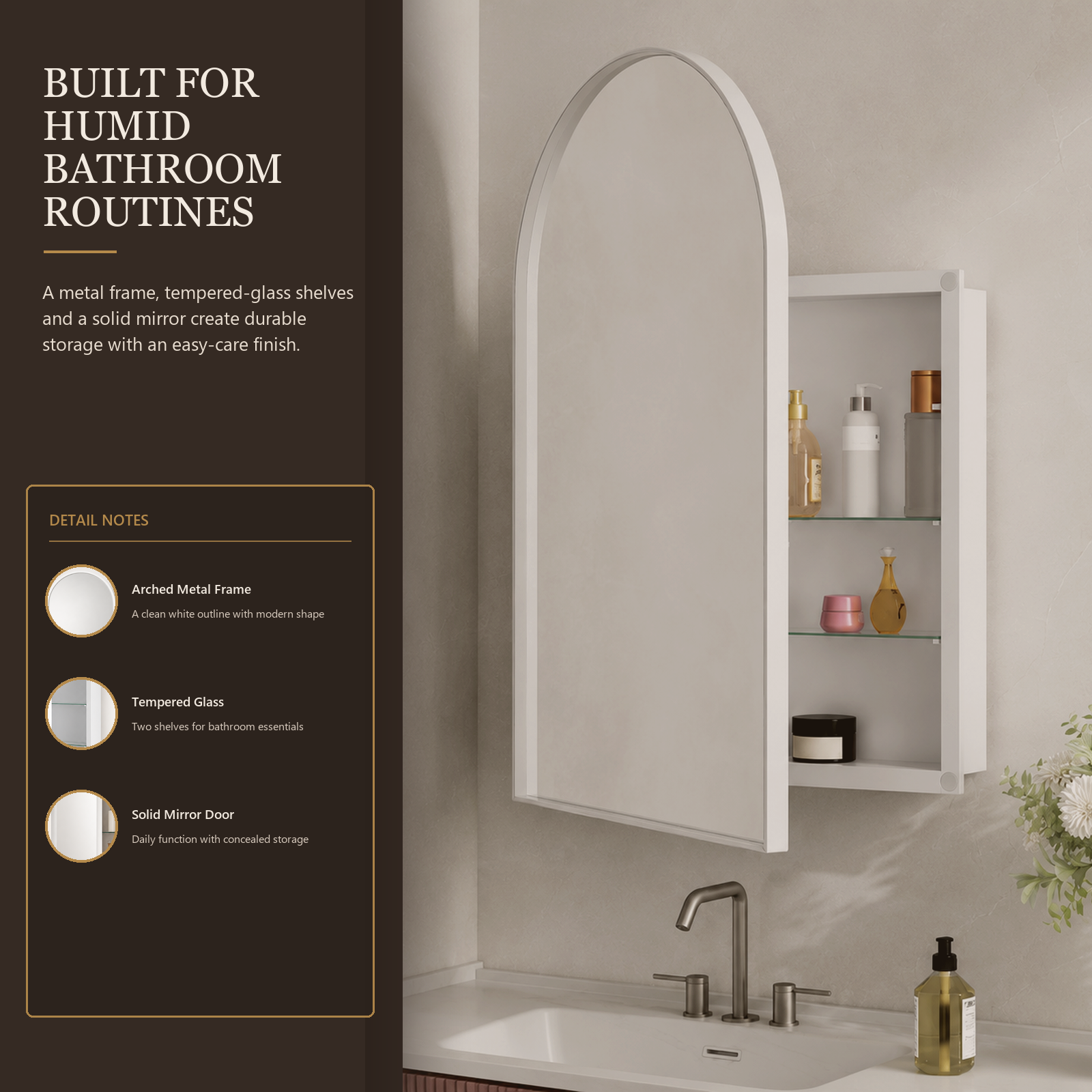 91x61x12 cm White Arched Bathroom Mirror Medicine Cabinet, Recessed or Wall-Mounted, Metal Framed Bathroom Storage with Adjustable Shelves