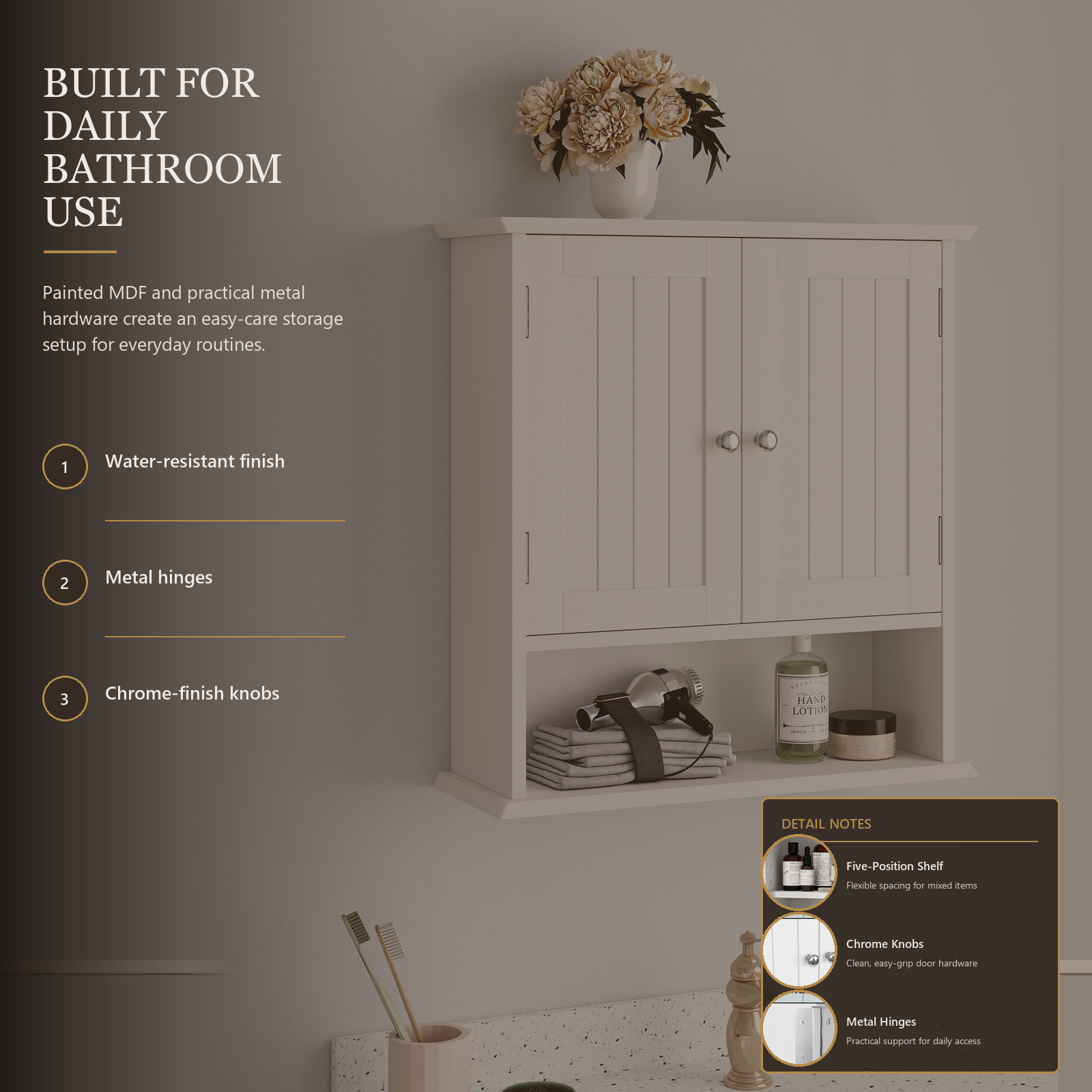 Weißer Wand-Badezimmerschrank mit Doppeltüren, offenem Regal und 5-fach verstellbarem Einlegeboden, 54,6 x 19,8 x 59,9 cm