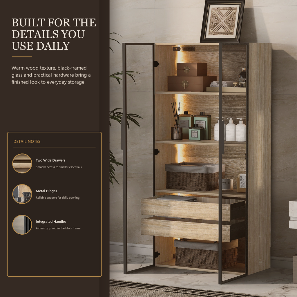 Natural Wood Display Bathroom Storage Cabinet with Color-Changing LED Lights, Frosted Glass Doors, 2 Drawers and Shelves, 74 x 36 x 155 cm