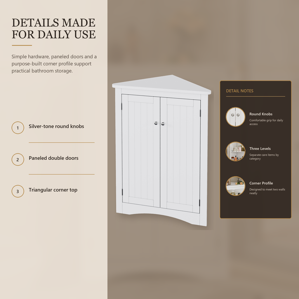 Weißer freistehender Eck-Badschrank mit Doppeltüren und 3-stufiger Innenausstattung, 61,5 x 34,5 x 80 cm