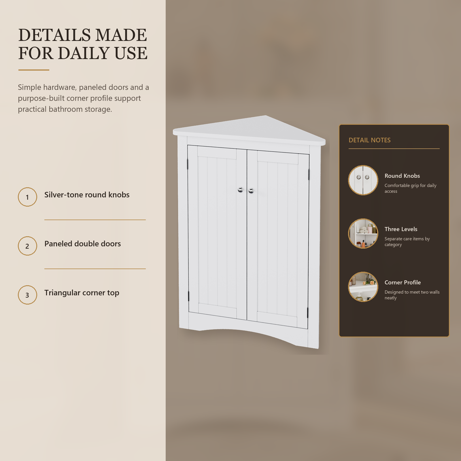 Weißer freistehender Eck-Badschrank mit Doppeltüren und 3-stufiger Innenausstattung, 61,5 x 34,5 x 80 cm