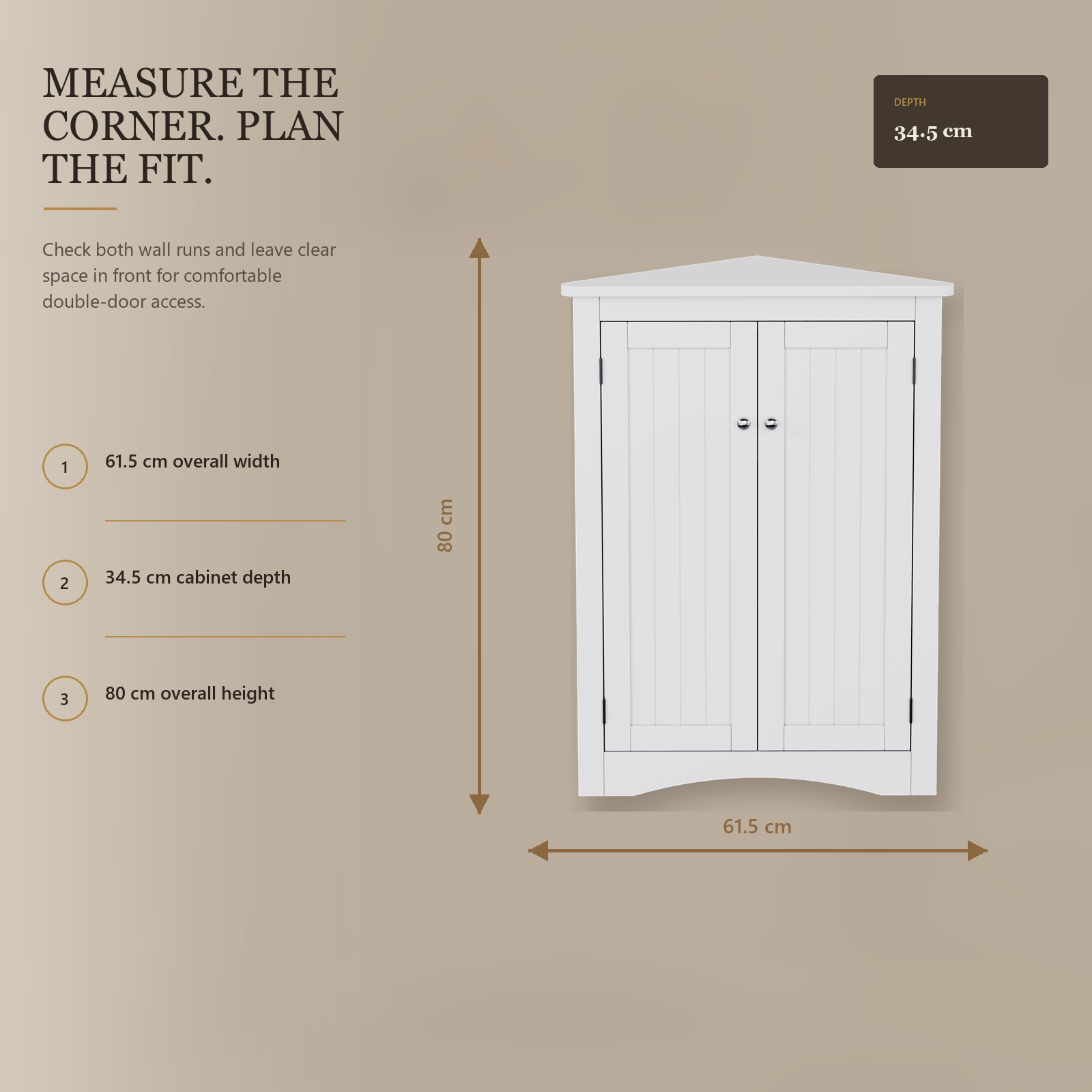 Weißer freistehender Eck-Badschrank mit Doppeltüren und 3-stufiger Innenausstattung, 61,5 x 34,5 x 80 cm