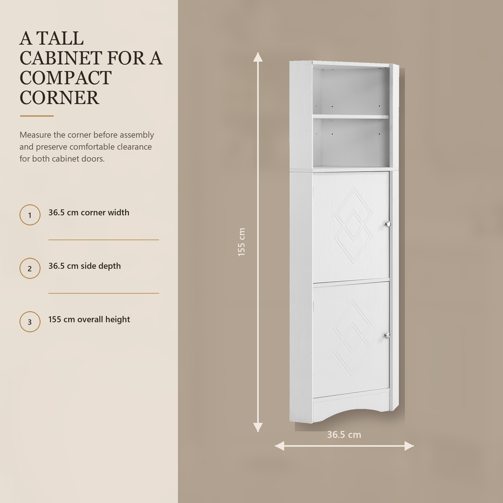 Weißer freistehender Eckschrank für das Badezimmer mit offenen Regalen, 2 Türen und verstellbarem Einlegeboden, 36,5 x 36,5 x 155 cm
