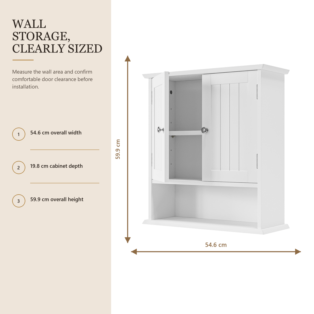 Weißer Wand-Badezimmerschrank mit Doppeltüren, offenem Regal und 5-fach verstellbarem Einlegeboden, 54,6 x 19,8 x 59,9 cm