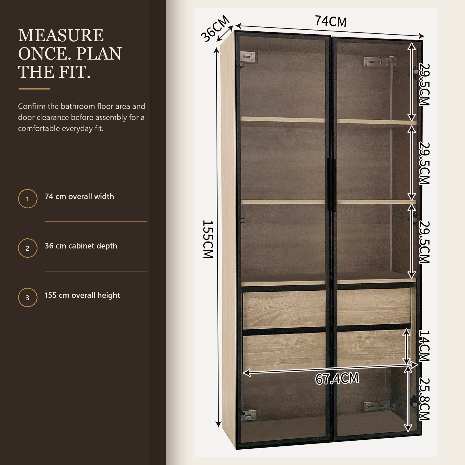 Natural Wood Display Bathroom Storage Cabinet with Color-Changing LED Lights, Frosted Glass Doors, 2 Drawers and Shelves, 74 x 36 x 155 cm