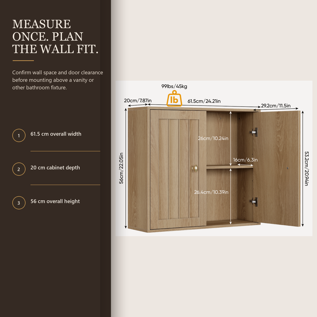 Wandmontierter Badezimmerschrank aus Eiche mit 2 geriffelten Türen, verstellbarem Einlegeboden und goldfarbenen Knäufen, 61,5 x 20 x 56 cm